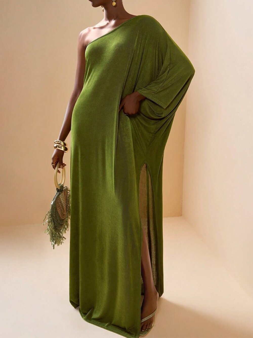 Army Green Elegant Women's One-Shoulder Robe Beach Cover-Up